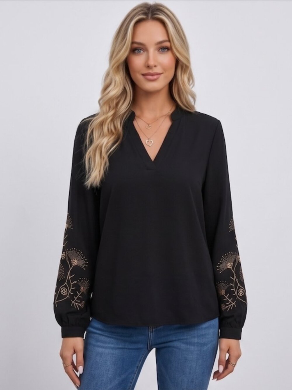 Boho Floral Embroidered Long Sleeve Blouse Black Mandarin Collar Top